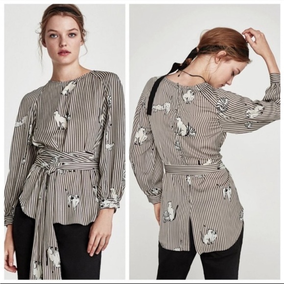 (SOLD) ZARA Collarless Button Front Striped Blouse Cat Print Belt Black Cream L - Picture 2 of 7